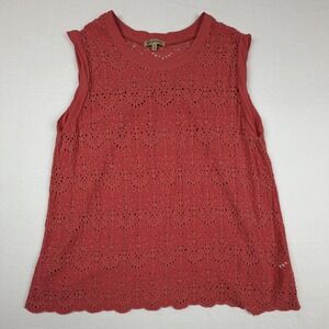 Democracy Womens Coral Red Eyelet Sleeveless Top Scalloped Hem 1X WDF3120SM